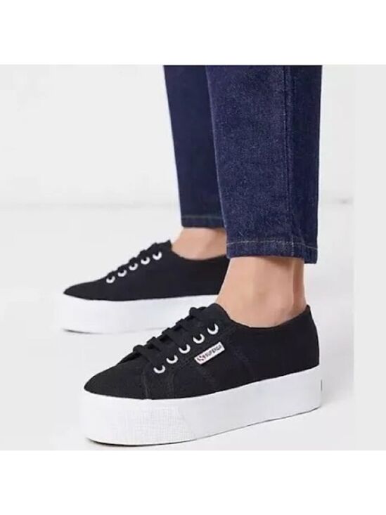 Superga Shoes - Superga Black Leather Platform Sneakers with White Sole 6.5M